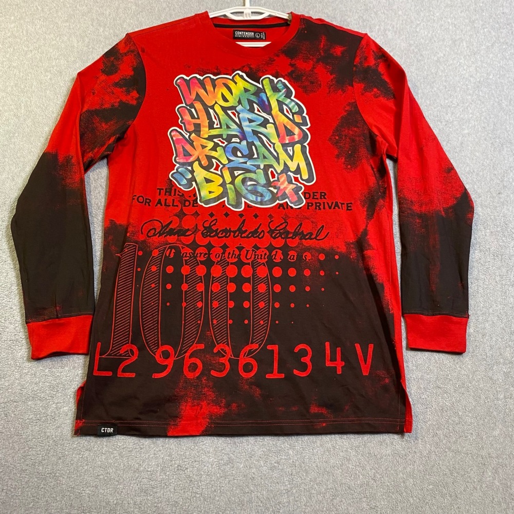 Contender Graphic Shirt Men's L Red Black Work Hard Dream Big Long Sleeve EUC